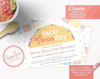 Taco TWOSday Birthday Party Einladungsvorlage; Mädchen oder Jungen Geburtstagsparty Vorlage; Sofortiger Download Canva Editierbare Vorlage