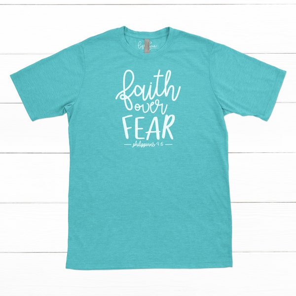 Faith over Fear Tee, Philippians 4:6,  Tahiti Blue premium Tri-blend unisex fit ladies short sleeve t-shirt