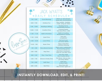 Kids Editable Schedule Home School or Virtual School printable schedule, daily schedule, hourly schedule, chore chart, activity chart, blue