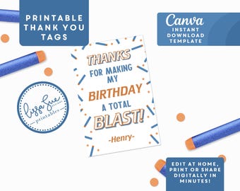 Vielen Dank, dass Sie Tag druckbare Vorlage; Geburtstags-Battle Nerf War Geburtstag; Jungen-Geburtstagsfeier; Sofortiger Download Canva Vorlage