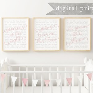 Children&#39;s Hymn BUNDLE in BLUSH Set of 3 Digital Prints, This Little Light, Jesus Loves me, & Jesus Loves the Little Children, Wall Decor
