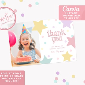 Plantilla de tarjeta de agradecimiento 4x6; Corramos, saltemos y juguemos a la gimnasia Cumpleaños; Fiesta de cumpleaños de niña Descarga instantánea Plantilla Canva