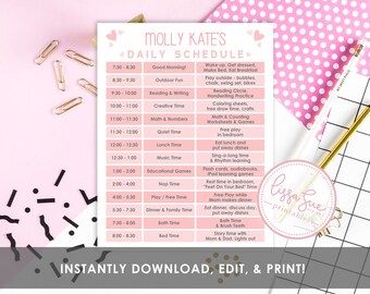 Kids Editable Schedule Home School or Virtual School printable schedule, daily schedule, hourly schedule, chore chart, activity chart