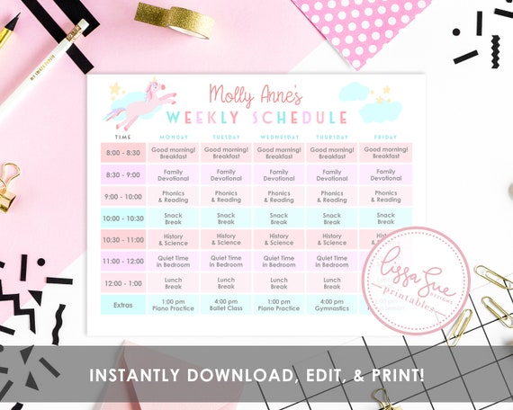 Editable Kids Weekly Schedule: Unicorn Rainbow Design (PDF)