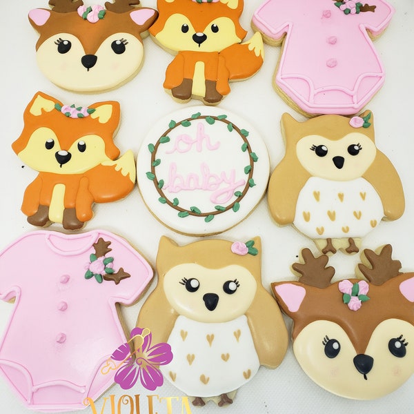 Woodland animals baby shower cookies