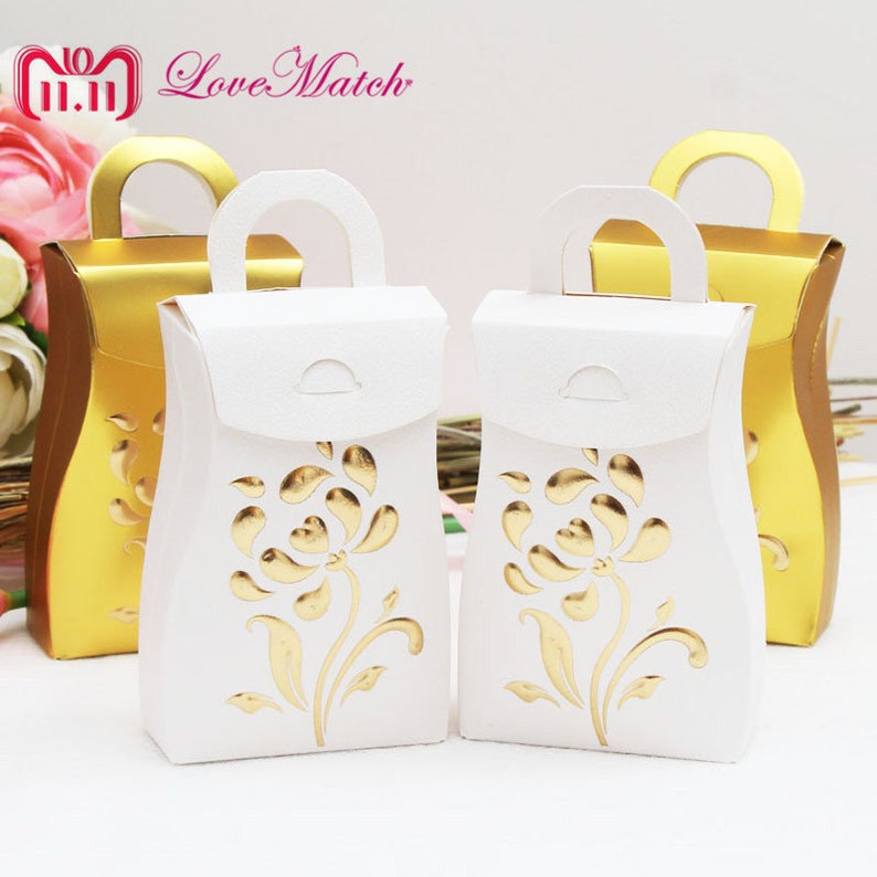 25Pcs Vase Shape Flower Wedding Favors Box Candy Box White And Golden Paper Gift Box For Wedding And Party