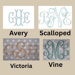 May include: Four embroidered monogram designs: "Avery" in light blue, "Scalloped" in light blue, "Victoria" in gold, and "Vine" in teal. Each design features a different font style, with the names of the styles written below each monogram.