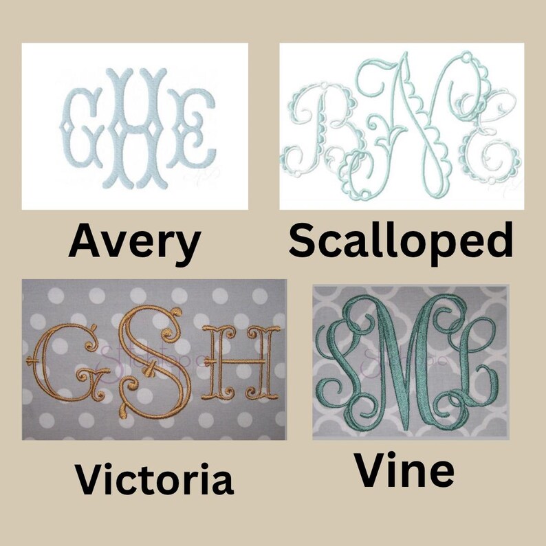 May include: Four embroidered monogram designs: "Avery" in light blue, "Scalloped" in light blue, "Victoria" in gold, and "Vine" in teal. Each design features a different font style, with the names of the styles written below each monogram.