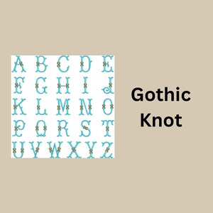 May include: A complete alphabet in a Gothic Knot font style. Each letter is a light blue color with a decorative knot design. The text "Gothic Knot" is displayed in black on a tan background.