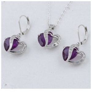 silver Purple Heart necklace and earrings set