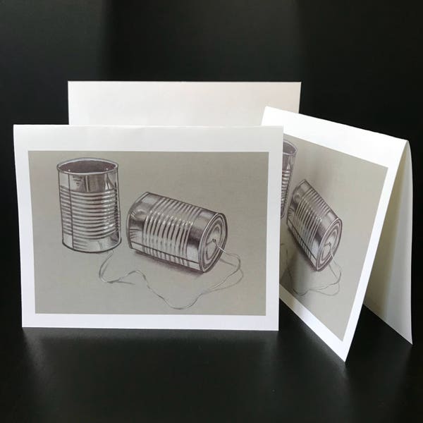 Tin Cans Illustration | Greeting Card Style Digital Print of Original Tin Can Telephone Drawing [+ A6 Envelope] | Toy Phone Postcard Print