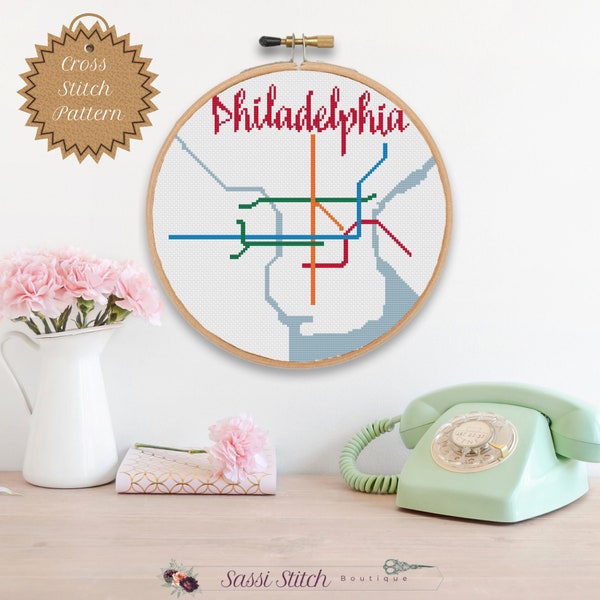 PDF Pattern: Philadelphia Transit Map Cross Stitch Pattern/Philly/Beginner/SEPTA/Subway/DIY Craft/City Map/Pennsylvania/Modern/Train