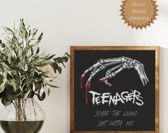 Counted Cross Stitch Pattern:  Teenagers Scare the Living Shit Outta Me, My Chemical Romance, Emo Music, Millennial, Skeleton