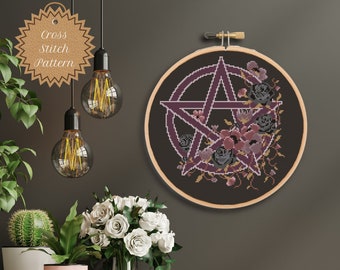 PDF Pattern: Gothic Floral Pentagram Cross Stitch Pattern, Wiccan Witch, Dark Pagan Symbols, Satanic Temple, Floral Pentacle, Occult DIY