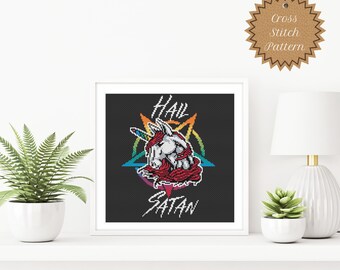 Counted Cross Stitch Pattern: Hail Satan, Rainbow Unicorn, Pentagram, Satanist, Atheist X Stitch, Church of Satan, Beginner, DIY Crafts