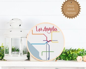 Counted Cross Stitch PDF Pattern: Los Angeles Transit Map, Beginner, LA Metro Rail, Subway, City Map, California, Modern, Train, DIY Crafts