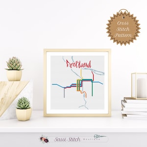 Kreuzstich PDF Muster: Portland Metro Karte, Zug Transport, Anfänger, TriMet Schienensystem, DIY Handwerk, Stadtplan, Modern, Washington