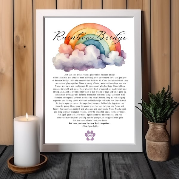 Rainbow bridge pet memorial poem/dog memorial gift/DIGITAL DOWNLOAD/gift to friend/remembrance/printable pet memorial art Edna Clyne-Rekhy