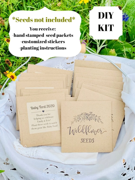 DIY Wildflower Seed packet kit NO SEEDS Customized favors, baby in bloom,  Baby shower favor, Brown Seed Packets- gender neutral, your logo