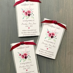Red/burgundy celebration of life Memorial seed packets- funeral favors, wildflower OR forget me not seeds (WITH SEEDS) custom message