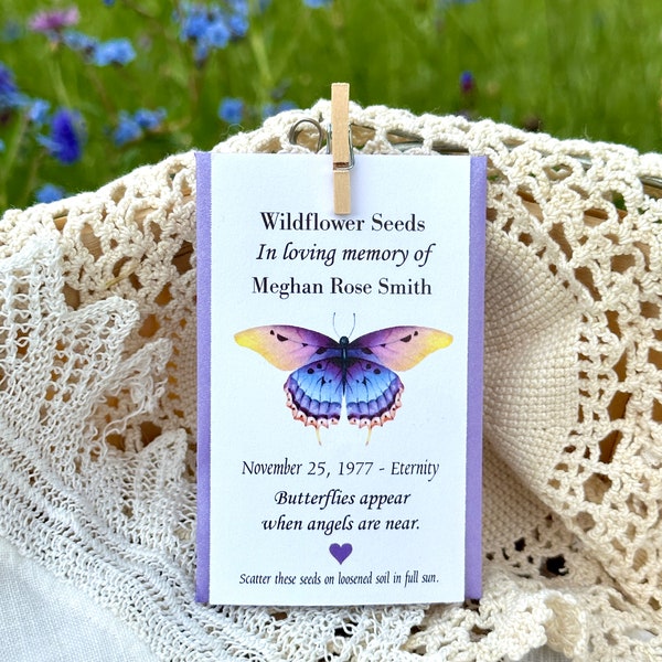 Purple Butterfly memorial seed packets forget me not/wildflower seeds- funeral favors, (SEEDS INCLUDED) customized// celebration of life