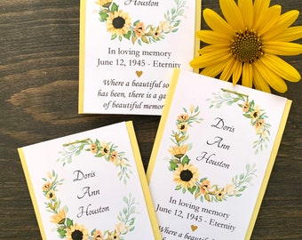 Memorial seed packets yellow sunflower seeds- funeral favors, (SEEDS INCLUDED) custom message celebration of life/afterglow poem