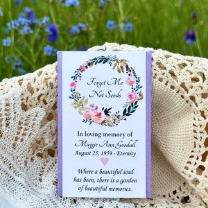 Purple memorial seed packets funeral favors celebration of life favors forget me not seeds favors wildflower memorial customized