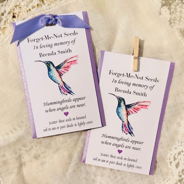 Purple hummingbird memorial seed packets forget me not/wildflower seeds- funeral favors, (SEEDS INCLUDED) customized//celebration of life