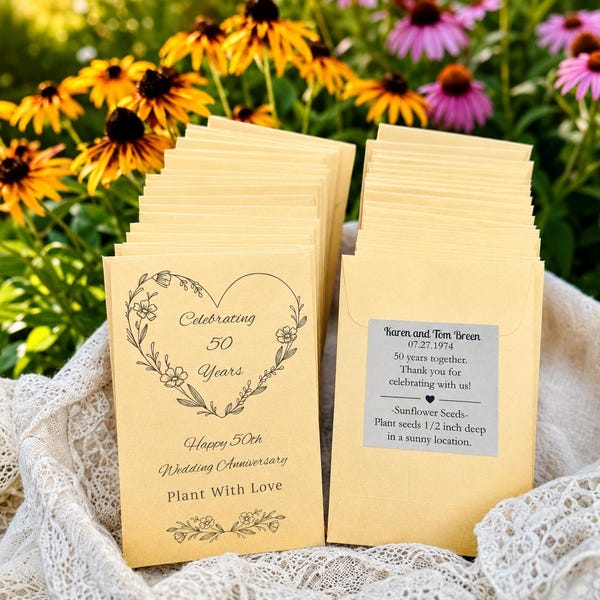 50th Anniversary Seed Packet Favors: Gold Shimmery Sunflower Seeds