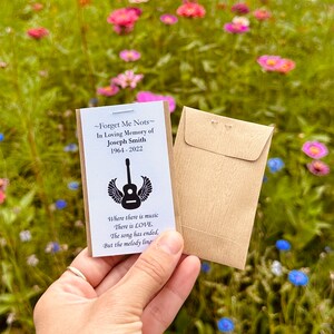 Musician memorial seed packets customized acoustic guitar, drummer, funeral favors, forget me not seeds (SEEDS INCLUDED) celebration of life