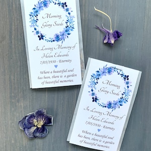 Memorial seed packets purple floral- funeral favors, celebration of life, sympathy, purple morning glory (SEEDS INCLUDED) custom message