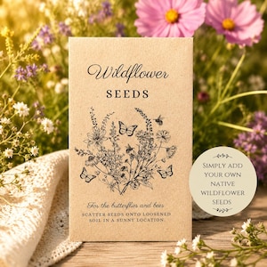May include: A packet of wildflower seeds with the text "Wildflower SEEDS" and a botanical illustration of flowers, butterflies, and bees. The packet also includes instructions for planting and a circular label that says "Simply add your own native wildflower seeds."