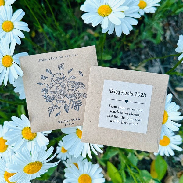 Wildflower Seed packets SEEDS INCLUDED Custom favors, baby in bloom, baby shower favors, wild one favors, Brown Seed Packets DIY option boho