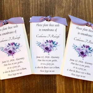 Purple Memorial seed packets- funeral favors, forget me not seeds (SEEDS INCLUDED) custom message celebration of life