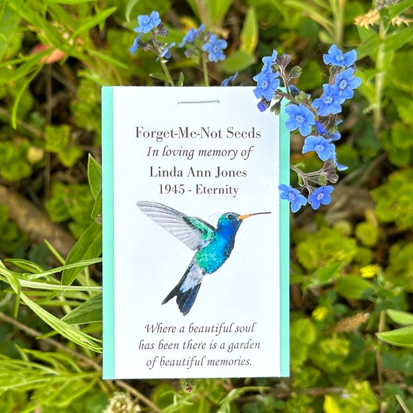 Hummingbird Memorial seed packets green forget me not seeds funeral favors with seeds custom message celebration of life hummingbird