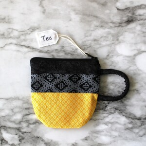 Teacup Pouch Black and Yellow, Patterned, Jewelry, Zip Pouch, Coin Purse, Teabag Holder, Gift, Earbud Pouch, Gift For Her, Mom Gift