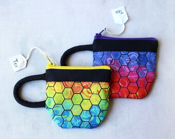 Teacup Pouch Rainbow Hexagon, Colorful, Jewelry, Zip Pouch, Coin Purse, Teabag Holder, Sister Gift, Earbud Pouch, Gift For Her, Mom Gift