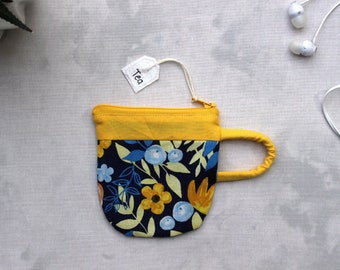 Teacup Pouch Floral Yellow - Small Zipper Pouch, Coin Purse, Earbud Pouch, Best Friend Gift, Gift For Mom, Gift For Her, Tea Gift, Flowers