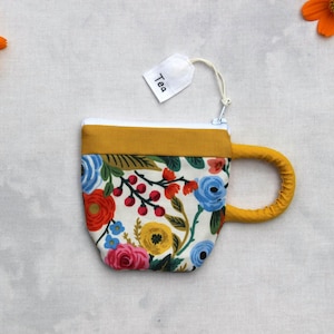 Teacup Pouch Floral, Rifle Paper Company fabric, Handmade Zipper Bag, Small Coin Pouch, Earbud Pouch, Best Friend Gift Mom, mustard yellow