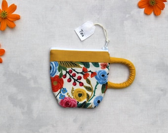 Teacup Pouch Floral, Rifle Paper Company fabric, Handmade Zipper Bag, Small Coin Pouch, Earbud Pouch, Best Friend Gift Mom, mustard yellow