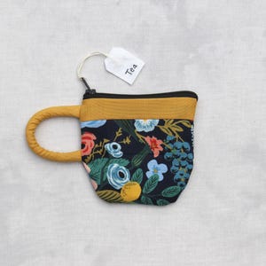 Teacup Pouch Floral, Rifle Paper Company fabric, Handmade Zipper Bag, Small Coin Pouch, Earbud Pouch, Best Friend Gift Mom, yellow accent
