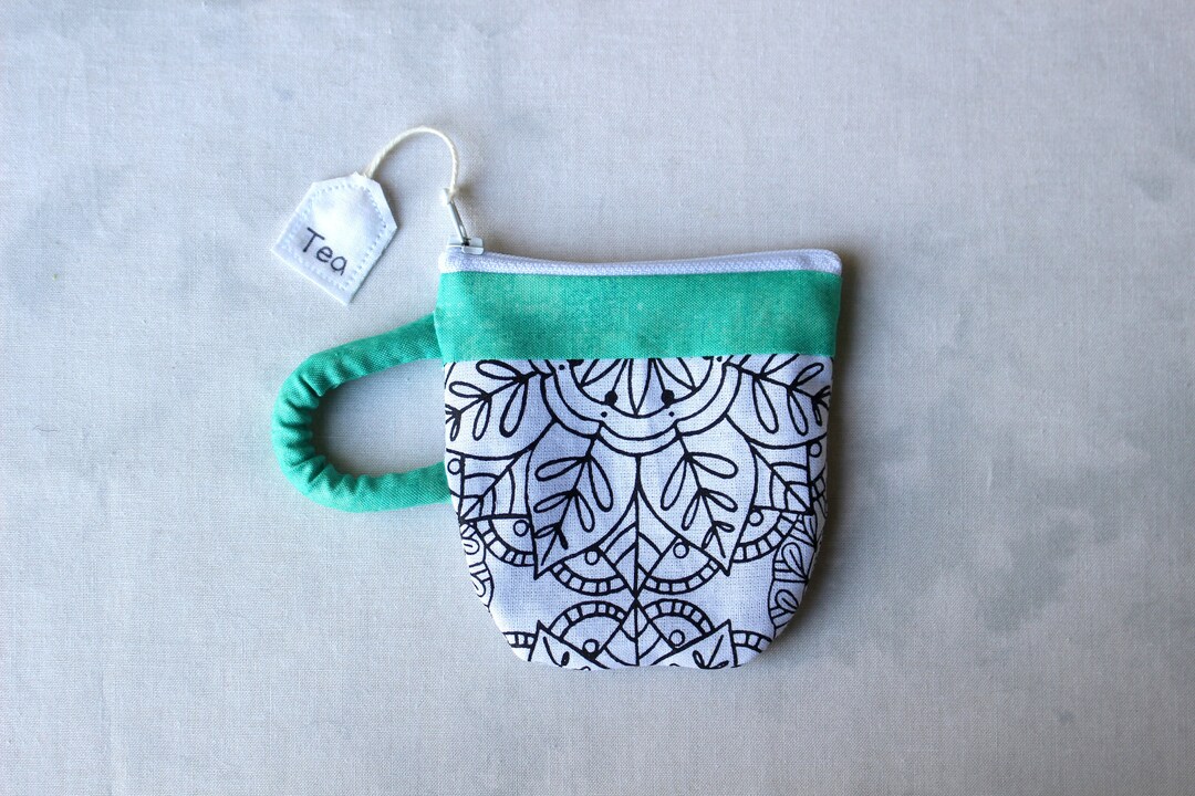Teacup Pouch Line Art Pattern, Black & White Teal Blue Jewelry Zip