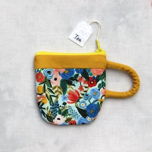 Teacup Pouch Floral, Rifle Paper Company fabric, Handmade Zipper Bag, Small Coin Pouch, Earbud Pouch, Best Friend Gift Mom, yellow accent