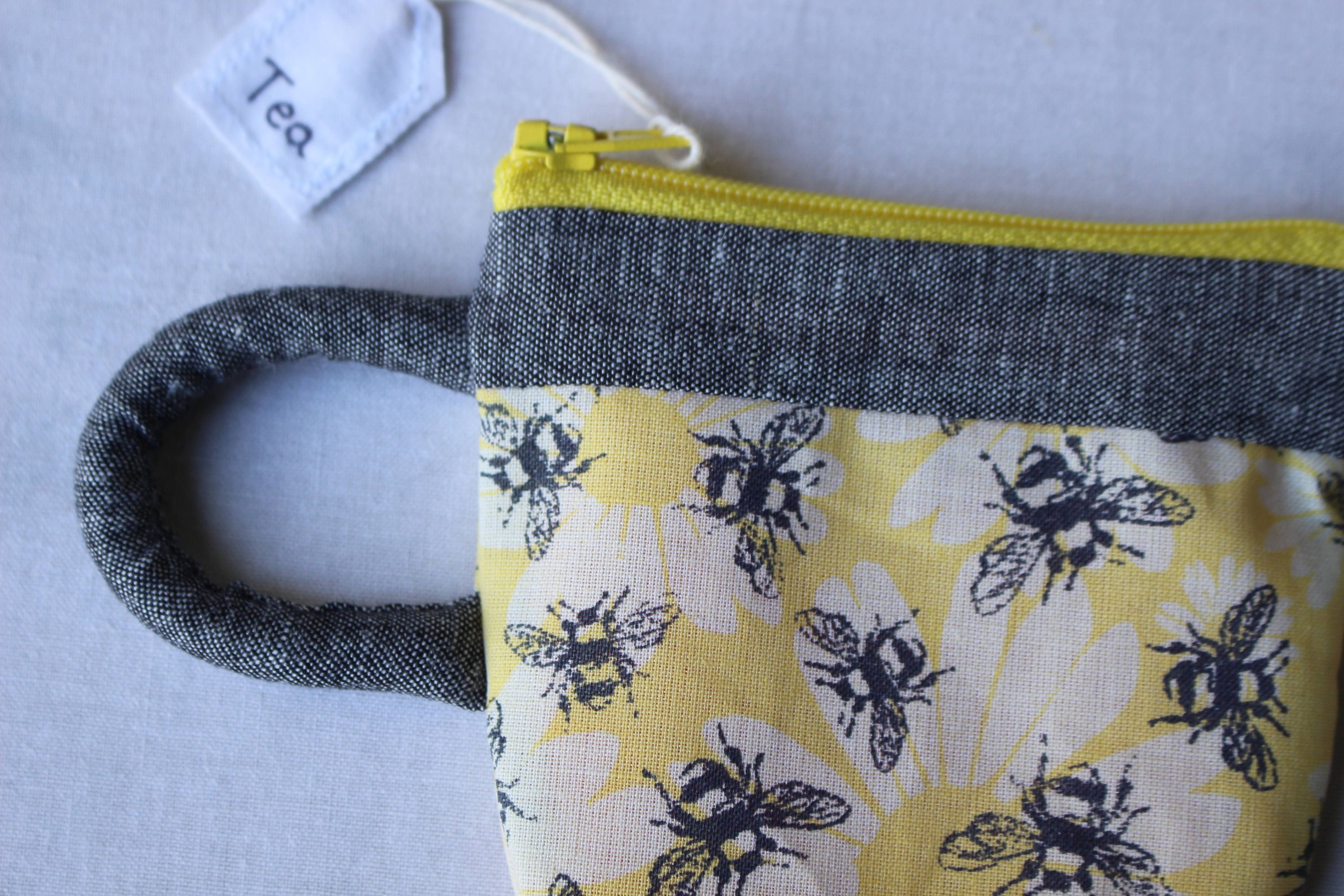 Teacup Pouch Daisy Bees, Yellow Pink Bug, Jewelry, Zip Pouch, Coin