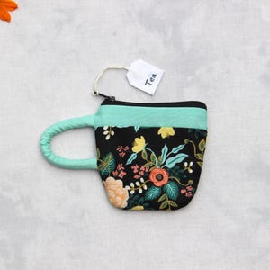 Teacup Pouch Floral, Rifle Paper Company fabric, Handmade Zipper Bag, Small Coin Pouch, Earbud Pouch, Best Friend Gift Mom, mint green