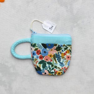 Teacup Pouch Floral, Rifle Paper Company fabric, Handmade Zipper Bag, Small Coin Pouch, Earbud Pouch, Best Friend Gift Mom, aqua light blue