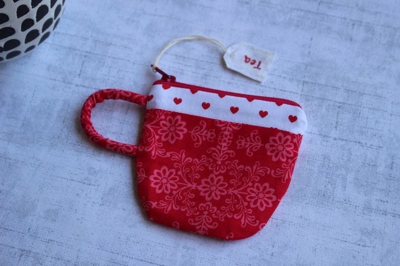 Earbud Pouch Small Zipper Pouch Gift For Mom Coin Purse Love Gift For Her Teacup Pouch Red Floral Hearts Tea Gift Best Friend Gift