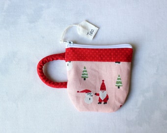 Teacup Pouch Christmas Gnomes, Santa Holiday Winter Snow, Zip Pouch, Coin Purse, Teabag Holder, Gift, Earbud Pouch, Gift For Her, Mom Gift