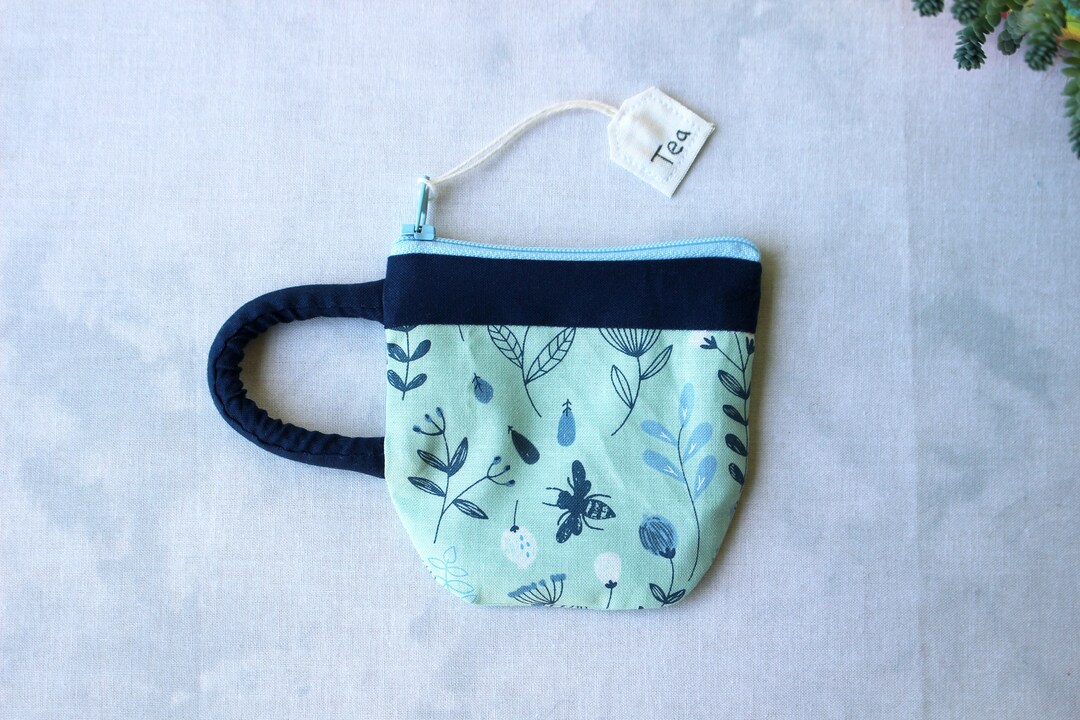 Teacup Pouch Dainty Flowers, Floral Blue Aqua Navy Tea, Jewelry, Zip