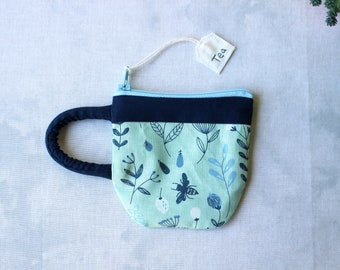 Teacup Pouch Dainty Flowers, Floral Blue Aqua Navy Tea, Jewelry, Zip Pouch, Coin Purse, Teabag Holder, Gift, Earbud Pouch, Gift For Her Mom